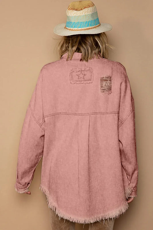 Image of POL Button Down Raw Hem Distressed Shacket | Queeble.shop