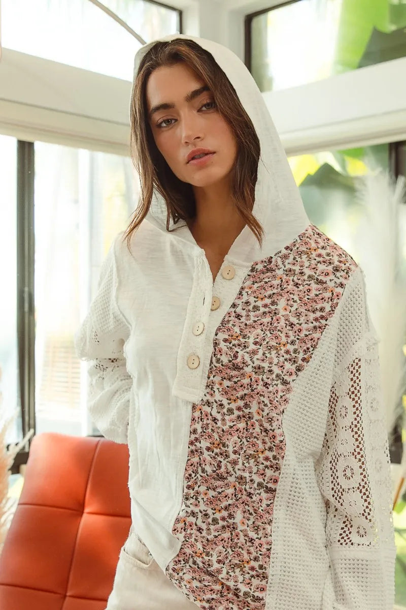 Image of BiBi Slub Jersey with Lace Combo Buttoned Hoodie Top | Queeble.shop