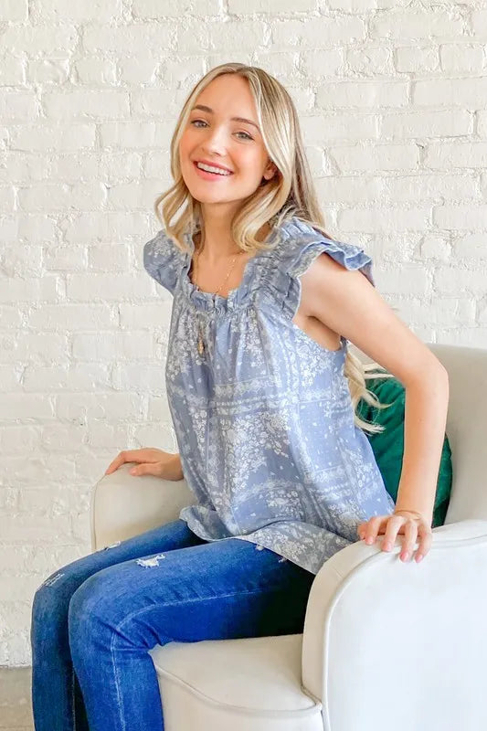 Image of And The Why Boho Print Ruffle Baby Doll Tank Top | Queeble.shop