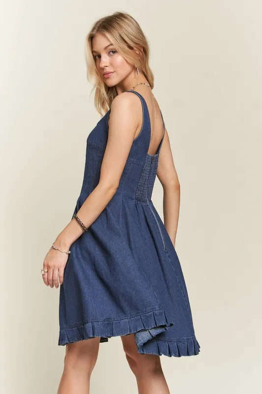 Image of ADORA Smocked Back Square Neck Denim Dress | Queeble.shop