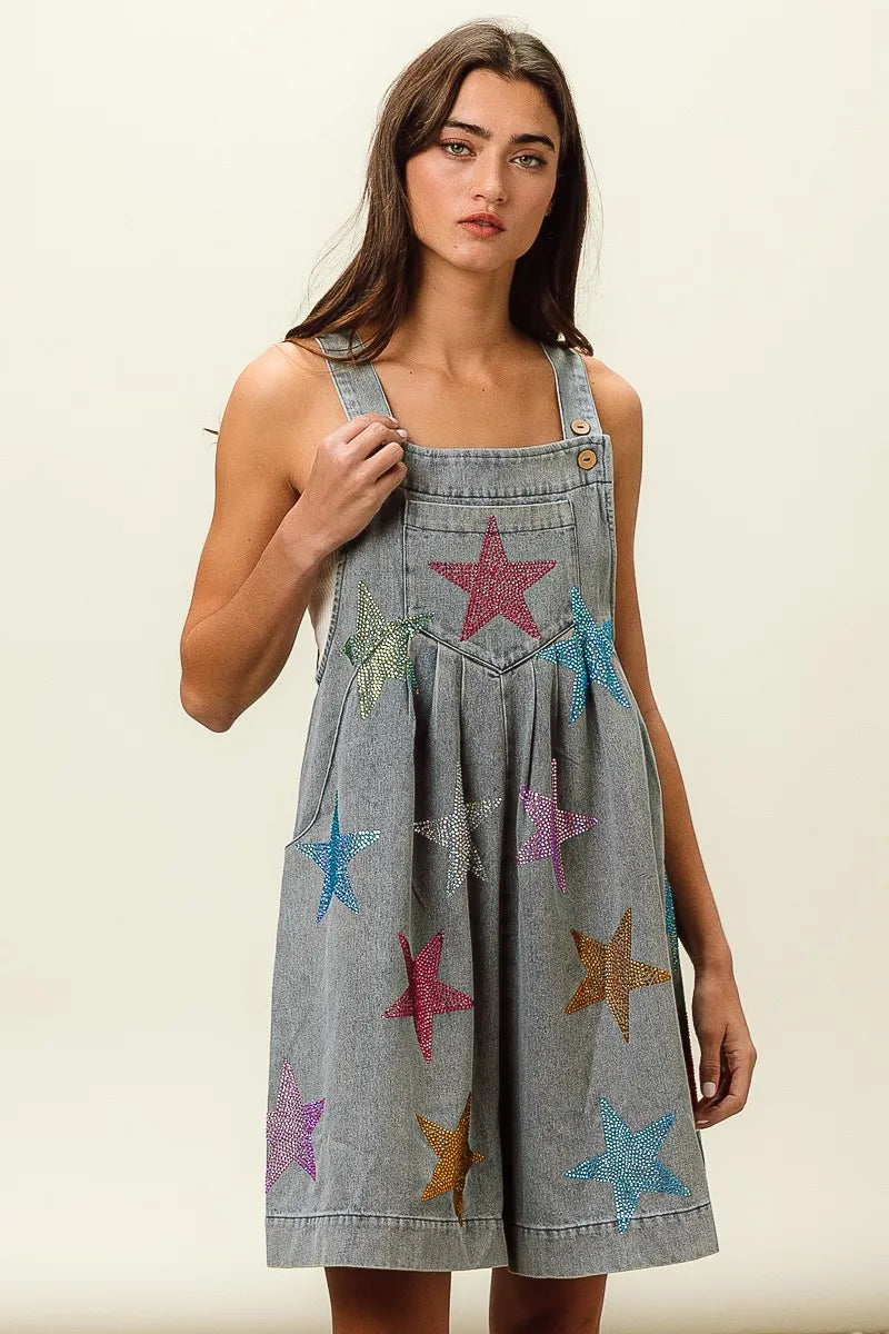 Image of BiBi Star Rhinestone Washed Wide Leg Shortalls | Queeble.shop