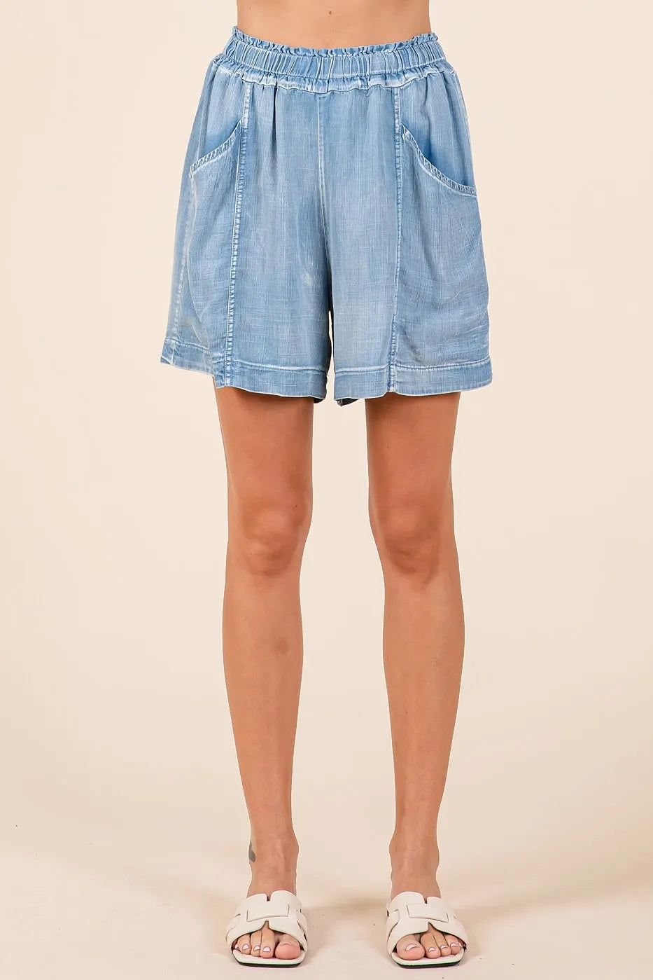 Image of Mittoshop Washed Chambray Elastic Waist Easy Fit Shorts | Queeble.shop