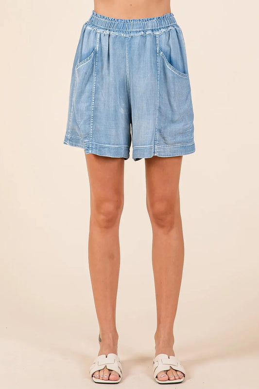 Image of Mittoshop Washed Chambray Elastic Waist Easy Fit Shorts | Queeble.shop