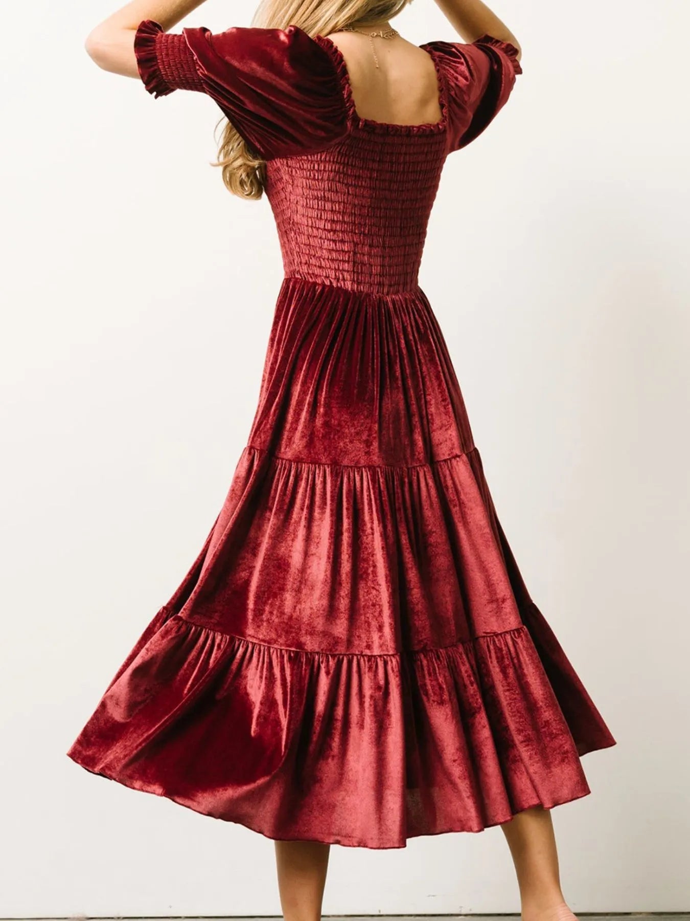 Image of Smocked Half Sleeve Tiered Midi Dress | Queeble.shop