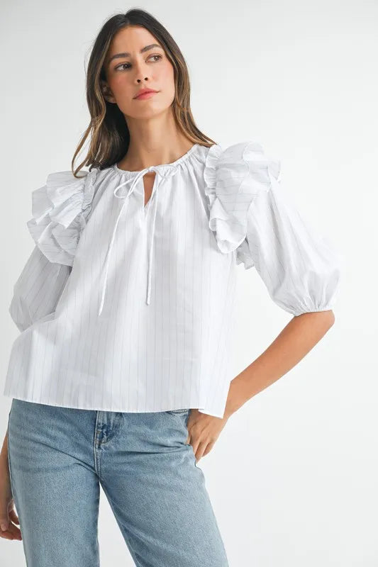 Image of MABLE Stripe Ruffle Shoulder Puff Sleeve Blouse | Queeble.shop
