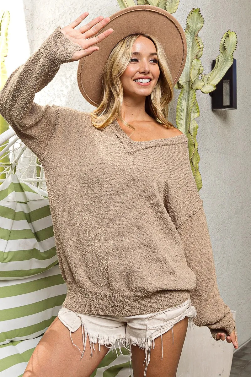 Image of BiBi Raw Edged Popcorn Texture V-neck Sweater | Queeble.shop