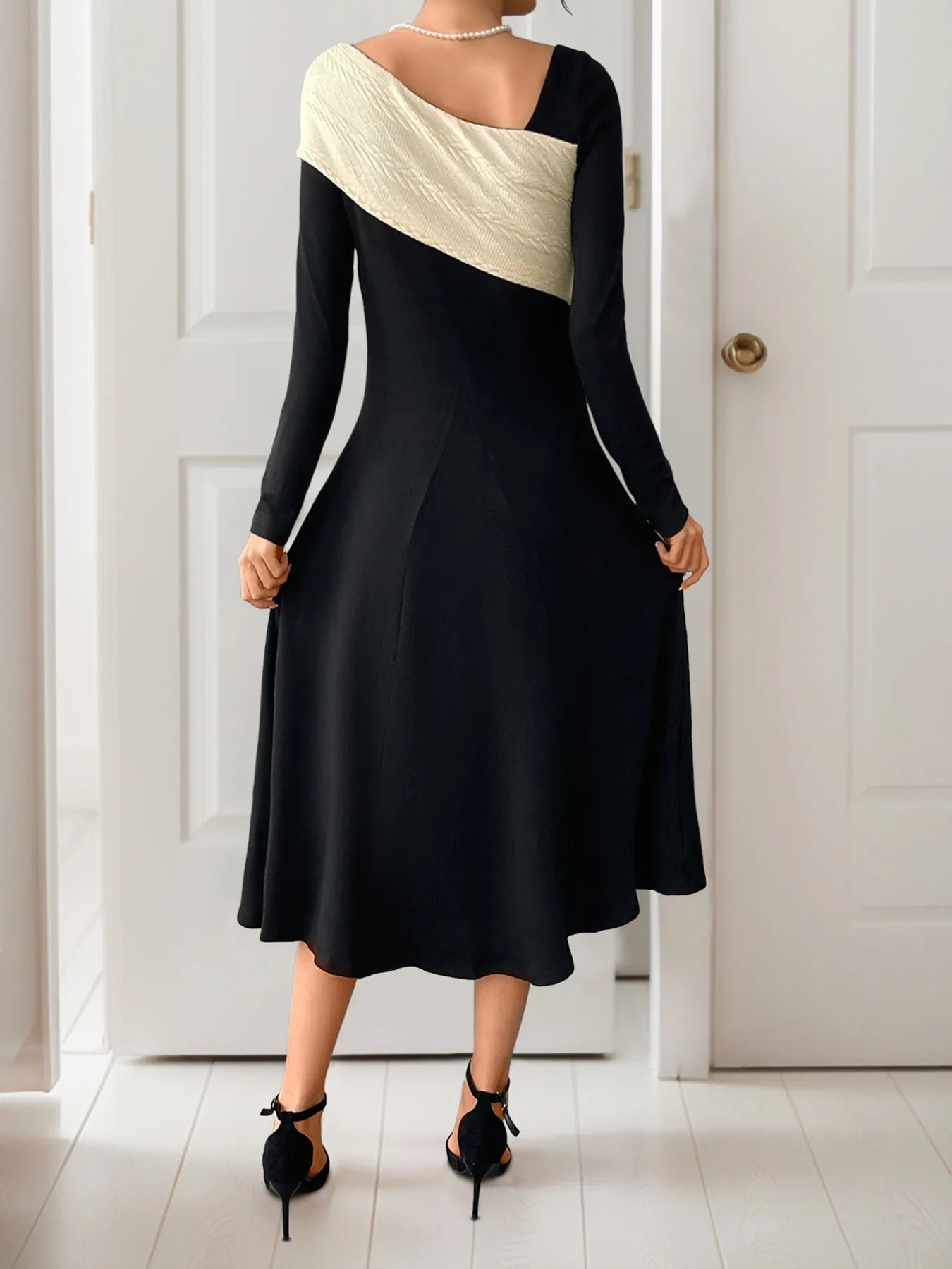 Image of Asymmetrical Contrast Long Sleeve Dress | Queeble.shop