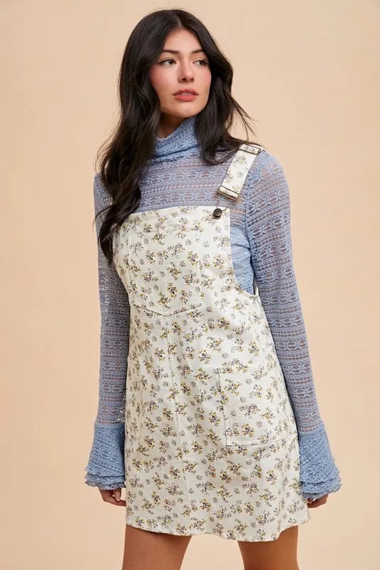 Image of Annie Wear Stretch Ditsy Print Denim Overall Mini Dress | Queeble.shop