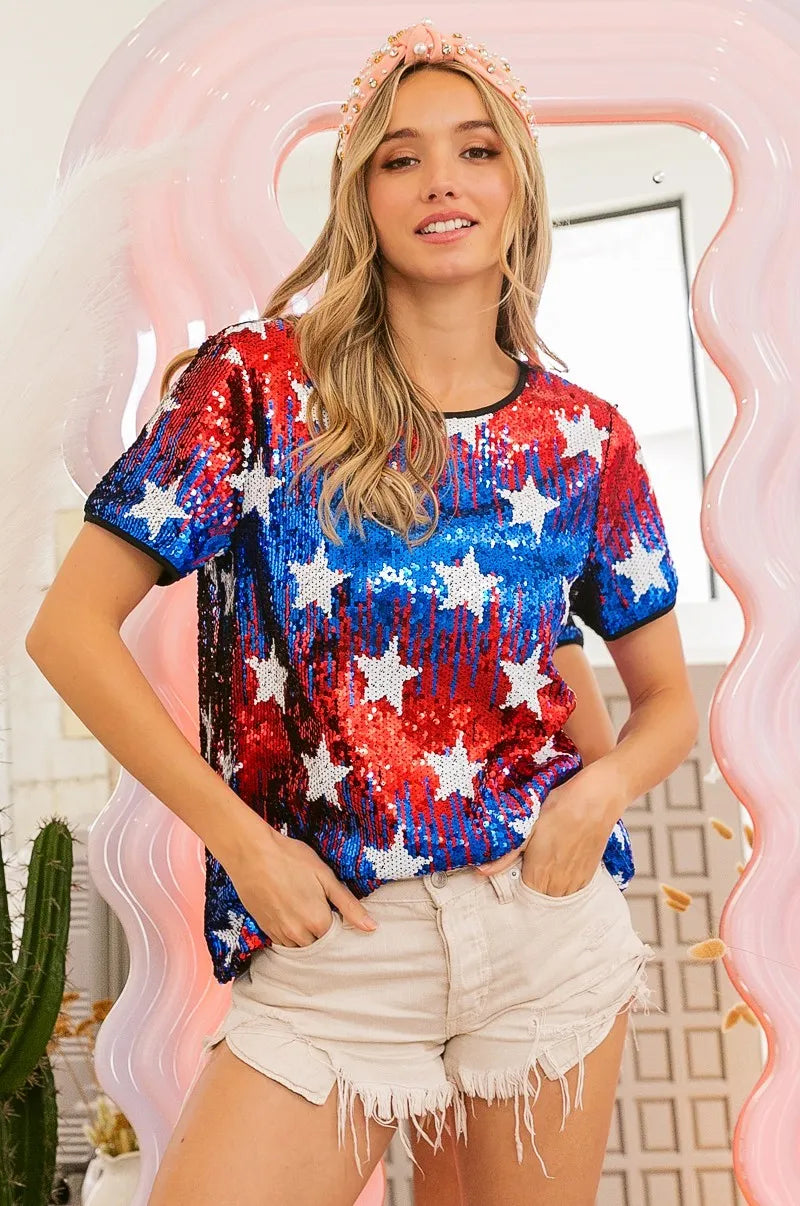 Image of BiBi American Theme Star Pattern Sequin Top | Queeble.shop