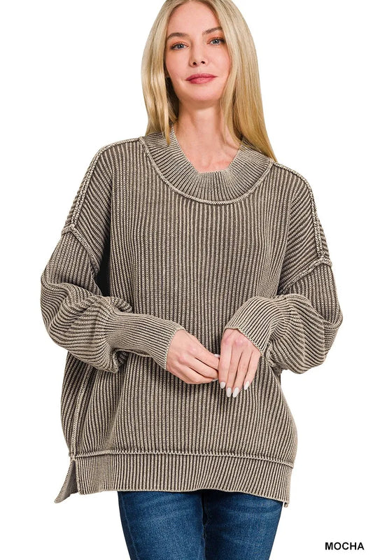 Image of Zenana Washed Side Slit Oversized Sweater | Queeble.shop