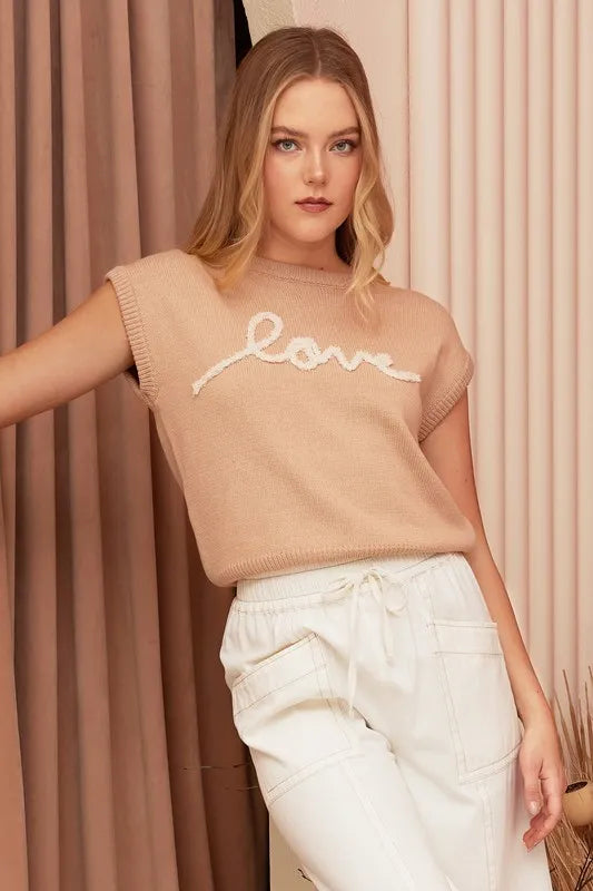 Image of Mittoshop Contrast Letter Round Neck Cap Sleeve Knit Top | Queeble.shop