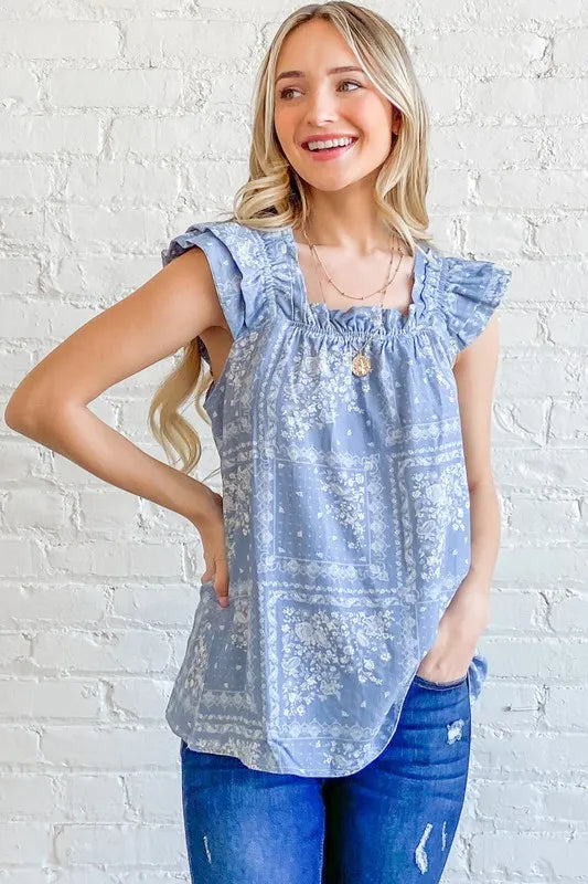 Image of And The Why Boho Print Ruffle Baby Doll Tank Top | Queeble.shop