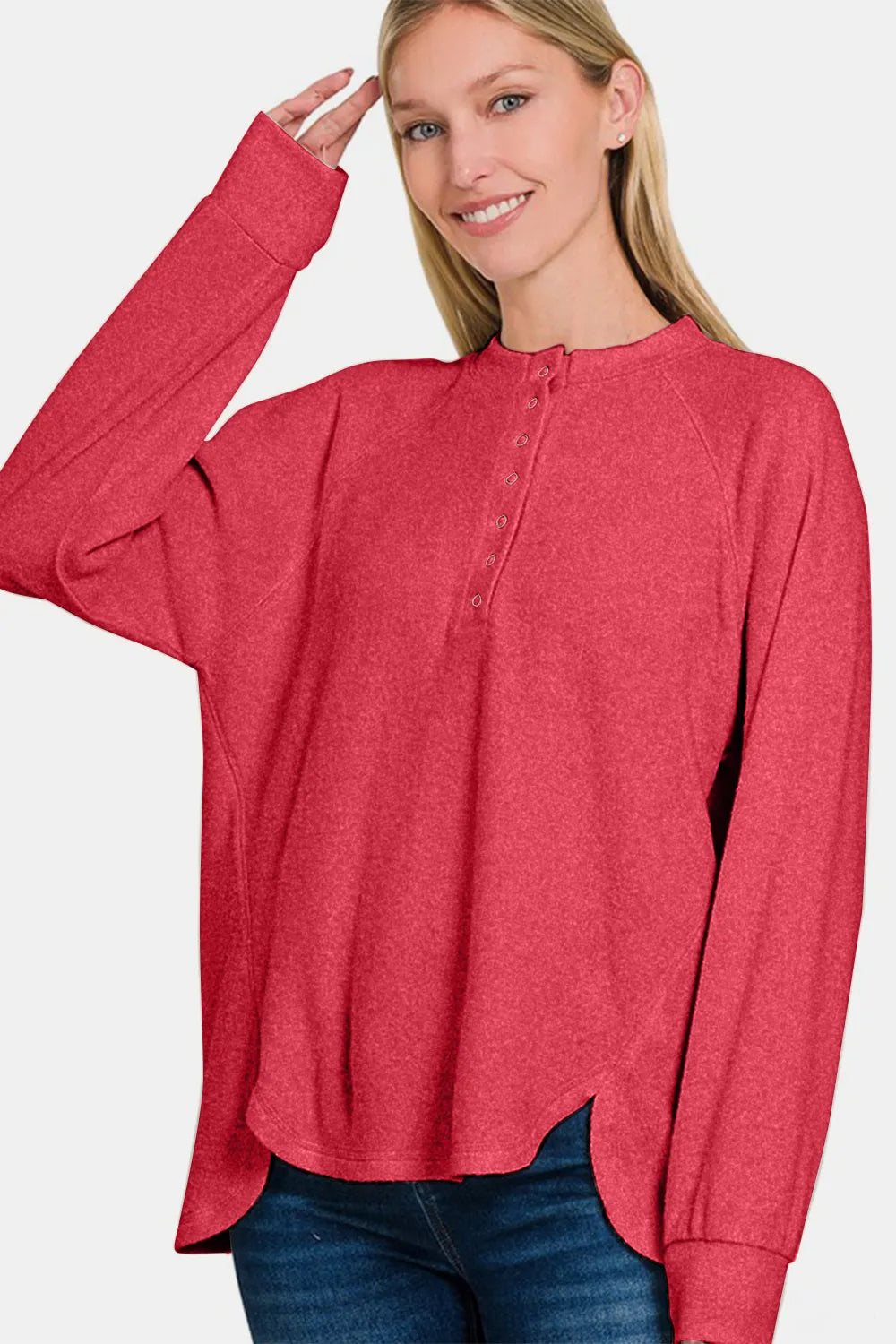 Image of Zenana Full Size Brushed Melange Hacci High-Low Sweater | Queeble.shop