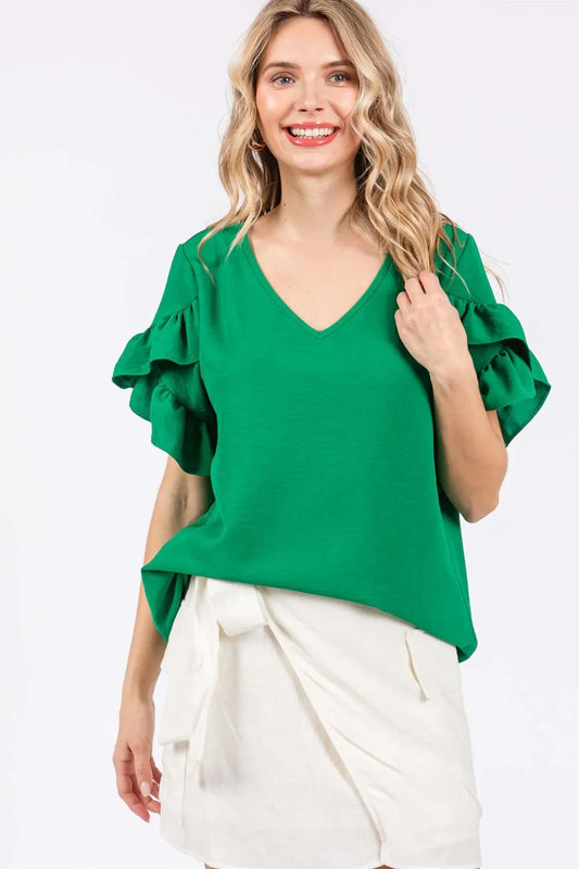 Image of GeeGee Ruffled Short Sleeve V-Neck Blouse | Queeble.shop