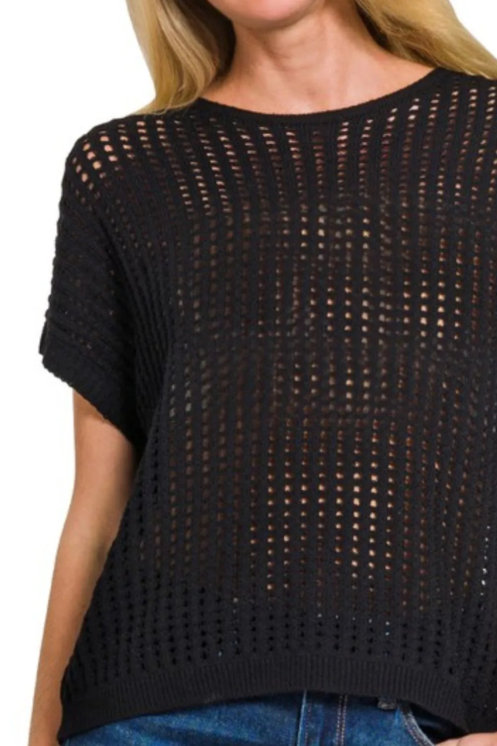 Image of Zenana Viscose Crochet Knit Sheer Hollow Sweater | Queeble.shop