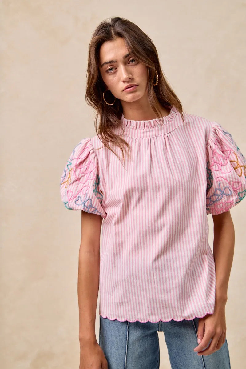 Image of BiBi Embroidery Bubble Sleeve Top With Bottom Scallop Detail | Queeble.shop