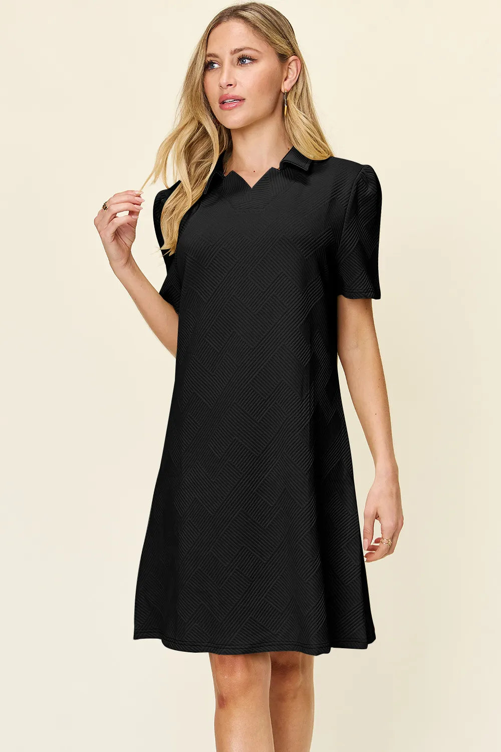 Image of Double Take Full Size Texture Collared Neck Short Sleeve Dress | Queeble.shop