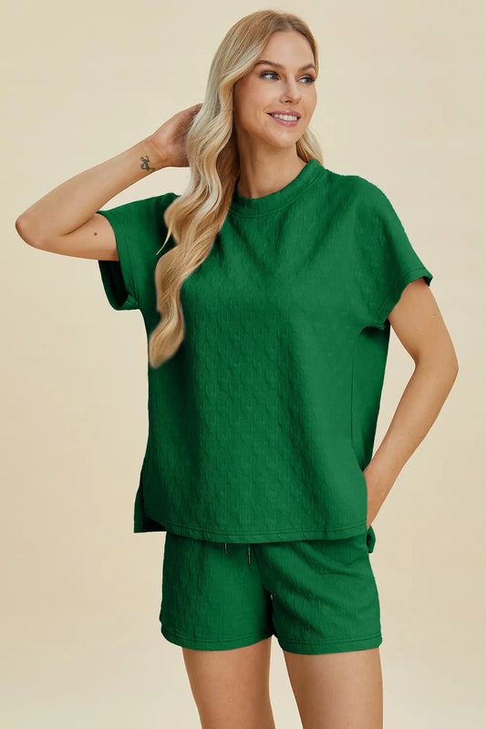 Image of Double Take Full Size Texture Round Neck Short Sleeve Top and Shorts Set | Queeble.shop