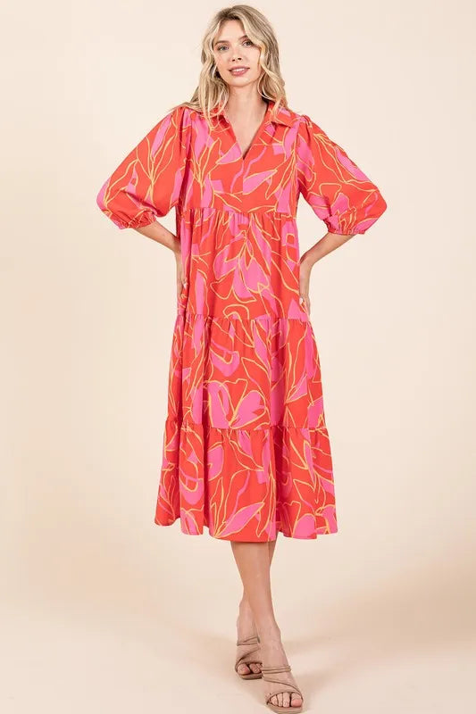 Image of Mittoshop Tiered Printed Collared Neck Midi Dress | Queeble.shop