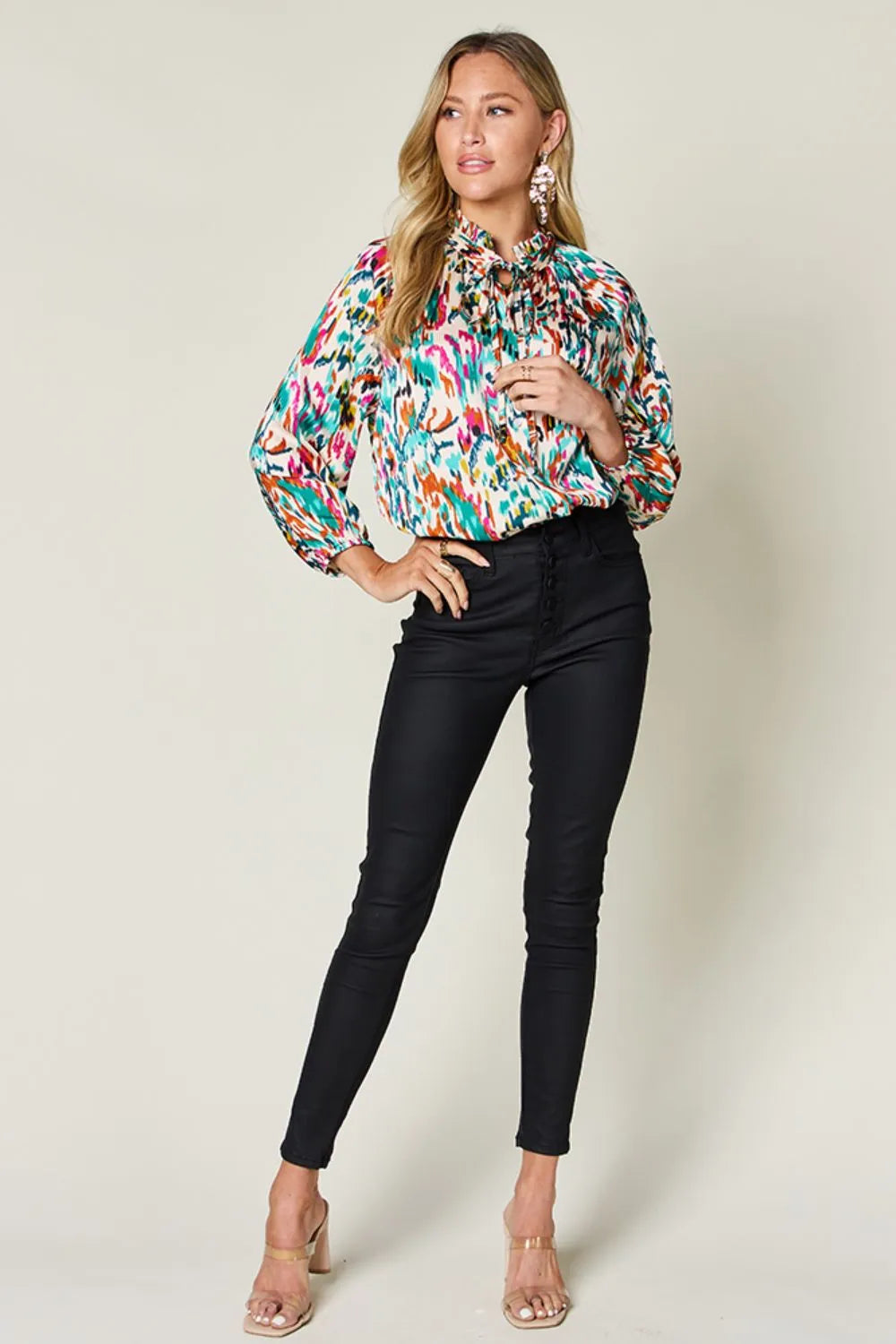 Image of Double Take Full Size Printed Button Up Long Sleeve Shirt | Queeble.shop