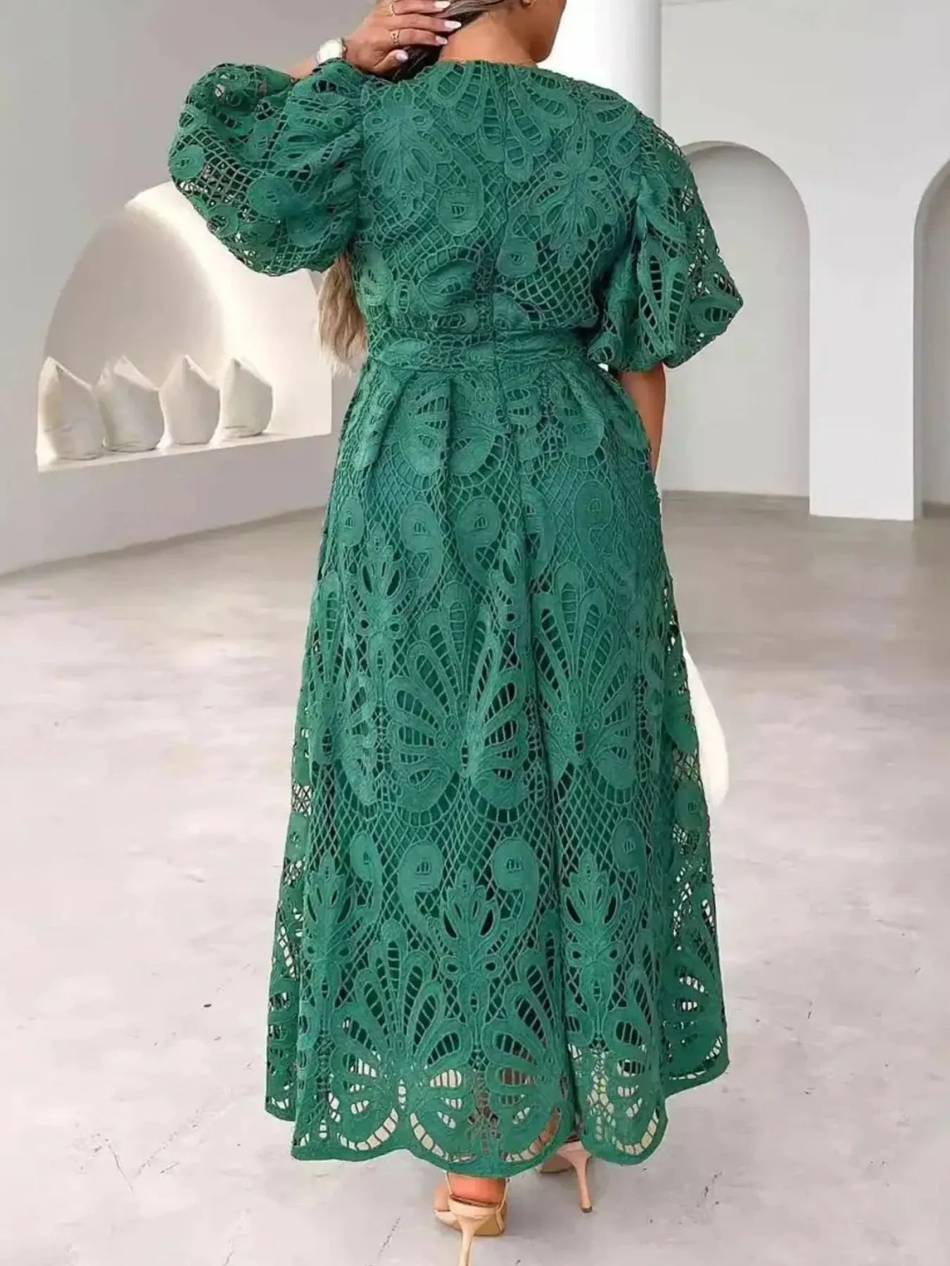 Image of Lace V-Neck Midi Dress with Puff Sleeves | Queeble.shop