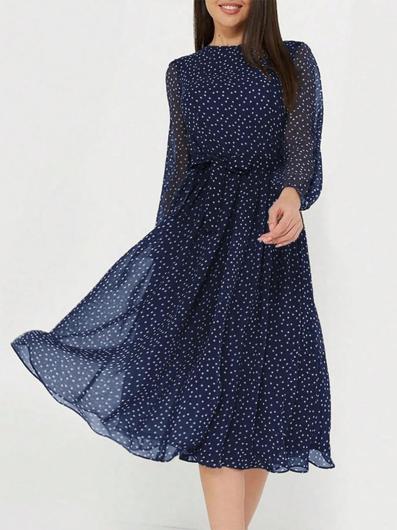 Image of Printed Round Neck Long Sleeve Midi Dress | Queeble.shop