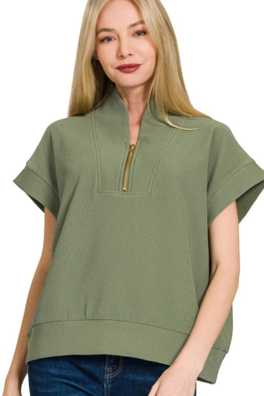 Image of Zenana Ribbed High Neck Half Zip Top | Queeble.shop