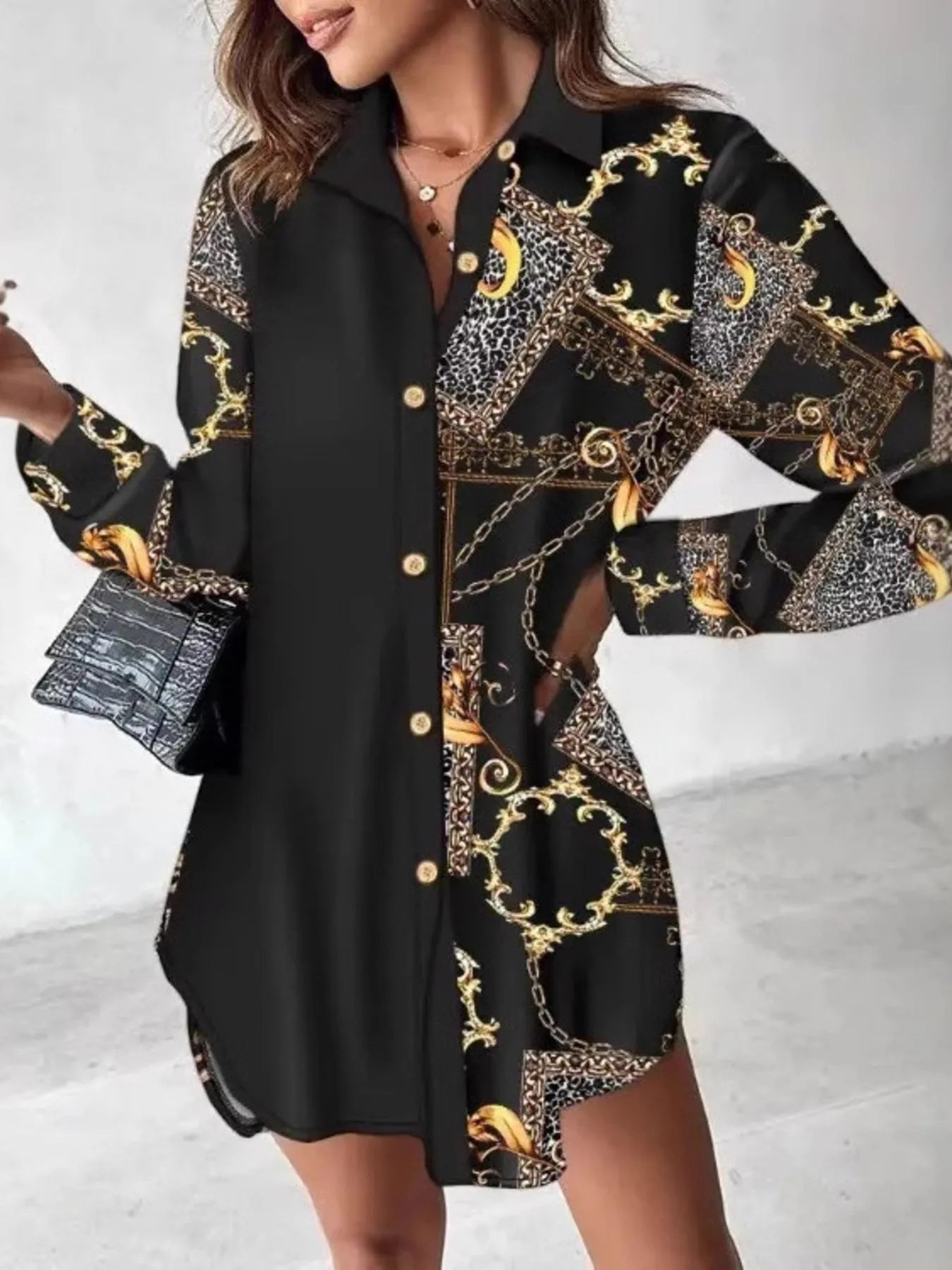Image of Printed Button Up Long Sleeve Shirt Dress | Queeble.shop