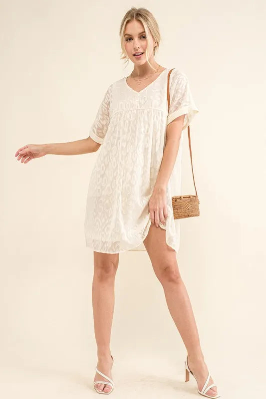 Image of And The Why Woven Leopard Baby Doll Roll-Sleeve Casual Dress | Queeble.shop