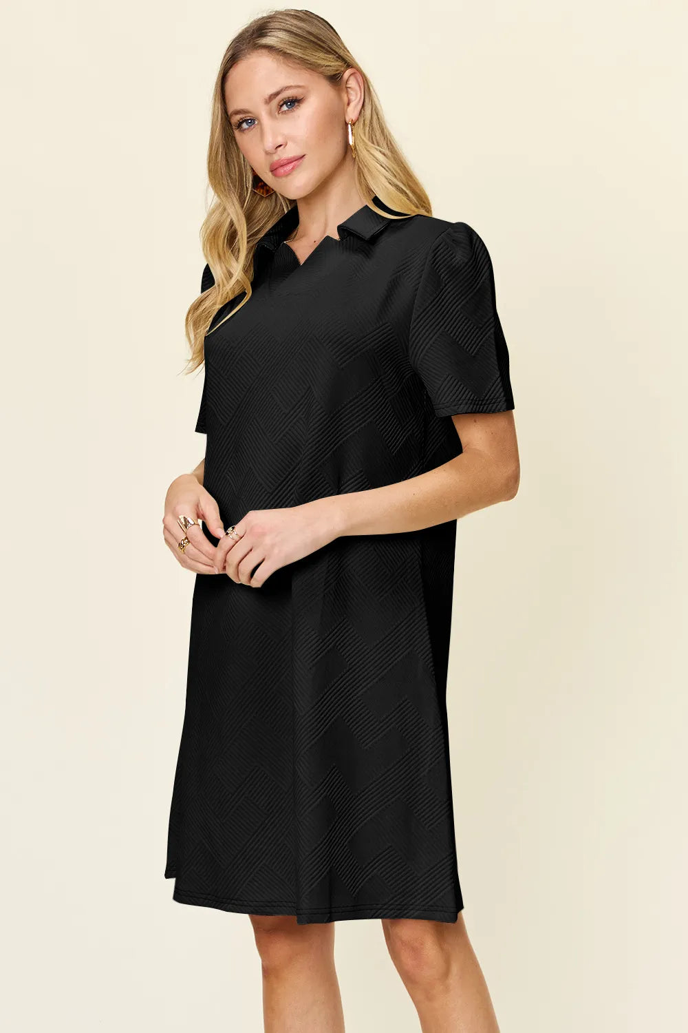 Image of Double Take Full Size Texture Collared Neck Short Sleeve Dress | Queeble.shop