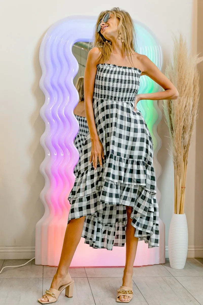 Image of BiBi Smocked Body Off Shoulder Check Dress | Queeble.shop