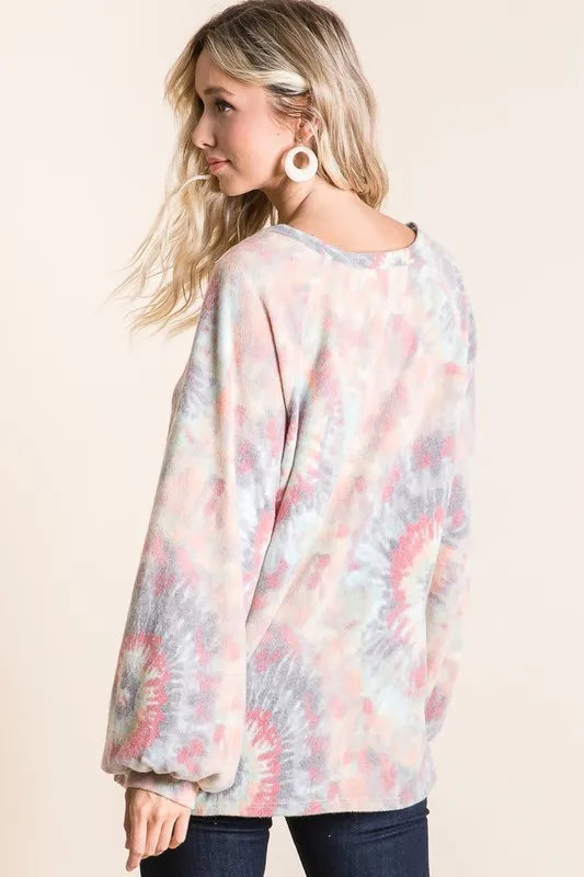 Image of BiBi Brushed Tie Dye Print Top with Puff Sleeves | Queeble.shop