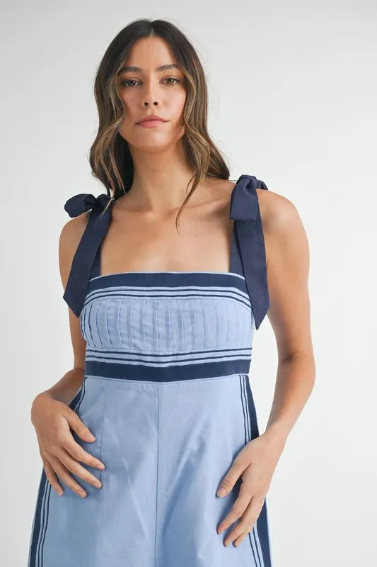 Image of MABLE Linen Mix Chevron Sail Shoulder Strap Jumpsuit | Queeble.shop