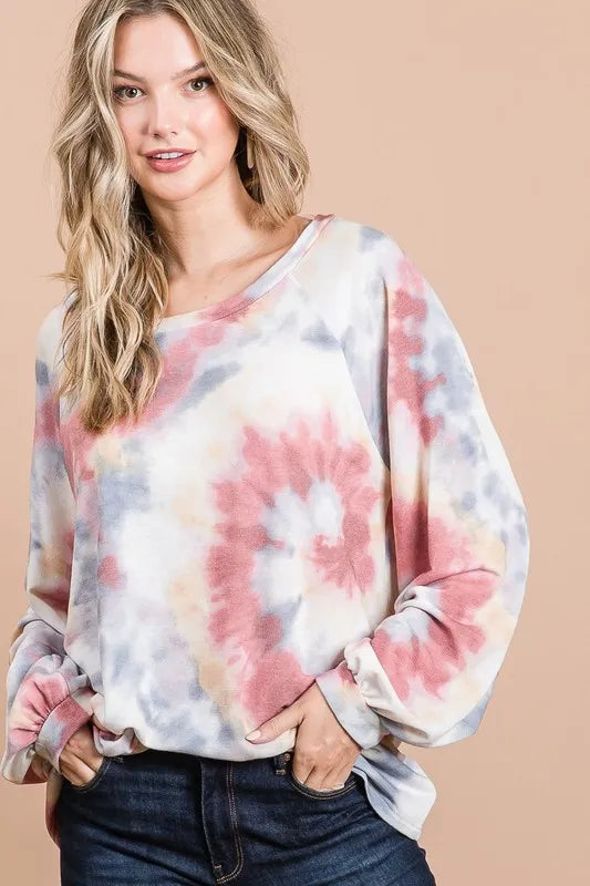 Image of BiBi Tie Dye Print Terry Top With Puff Sleeves | Queeble.shop