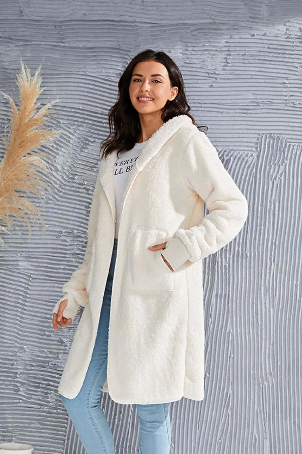 Image of Double Take Full Size Hooded Teddy Bear Jacket with Thumbholes | Queeble.shop