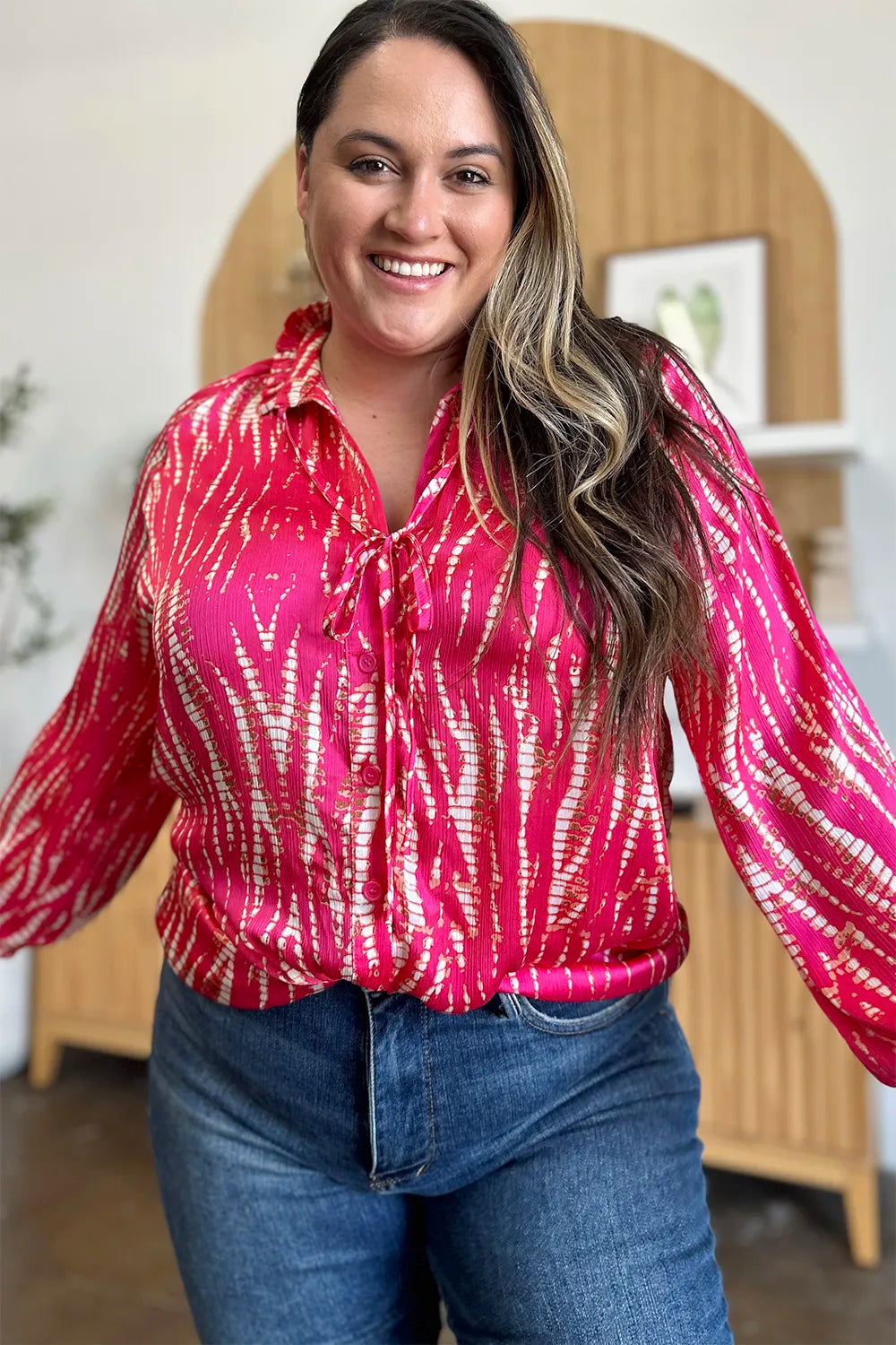 Image of Double Take Full Size Printed Button Up Long Sleeve Shirt | Queeble.shop
