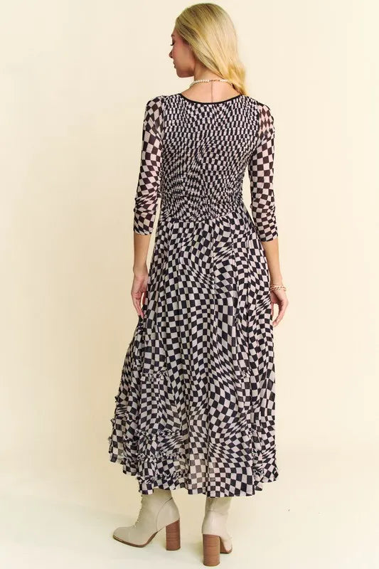 Image of Davi & Dani Printed Checker Mesh Flowy Maxi Dress | Queeble.shop