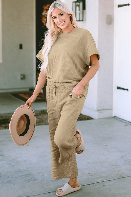 Image of Double Take Full Size Texture Short Sleeve Top and Pants Set | Queeble.shop