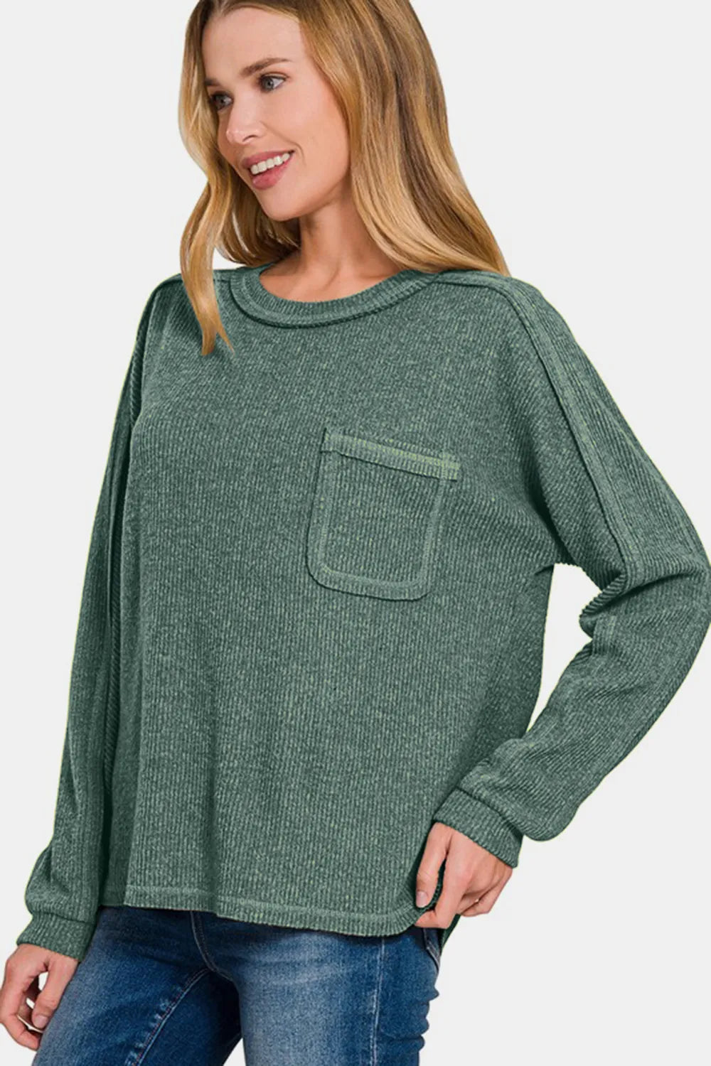 Image of Zenana Full Size Contrast Stitching Brushed Ribbed Hacci Knit Top | Queeble.shop