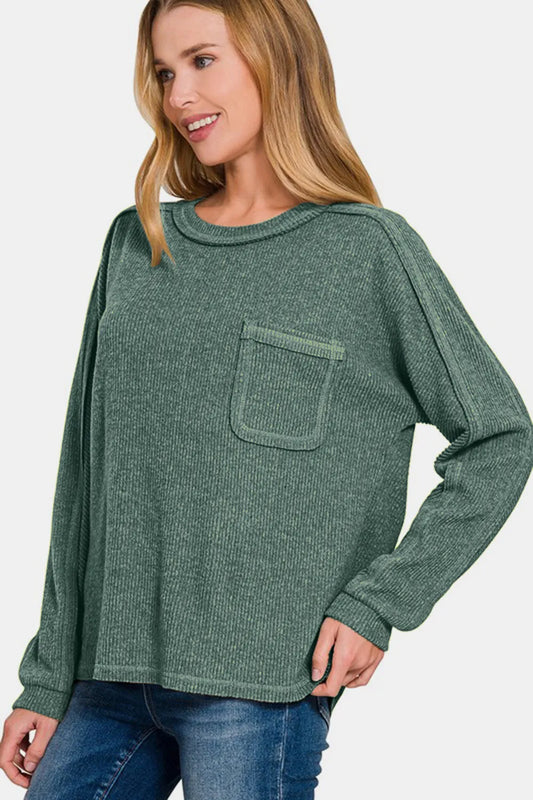 Image of Zenana Full Size Contrast Stitching Brushed Ribbed Hacci Knit Top | Queeble.shop