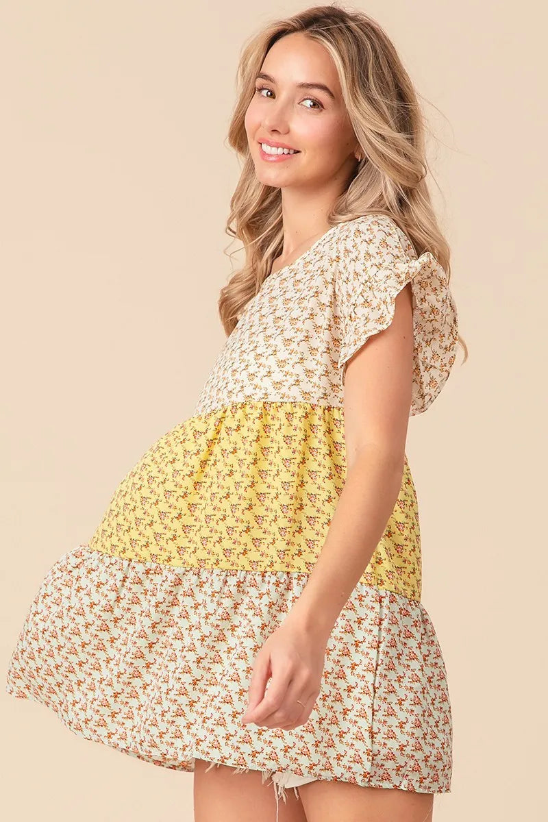 Image of BiBi Flroal Printed Woven Color Block and Tiered Top | Queeble.shop