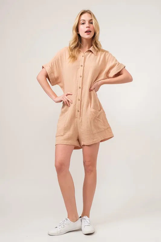 Image of And The Why Washed Gauze Roll-up Sleeve Comfort Utility Romper | Queeble.shop