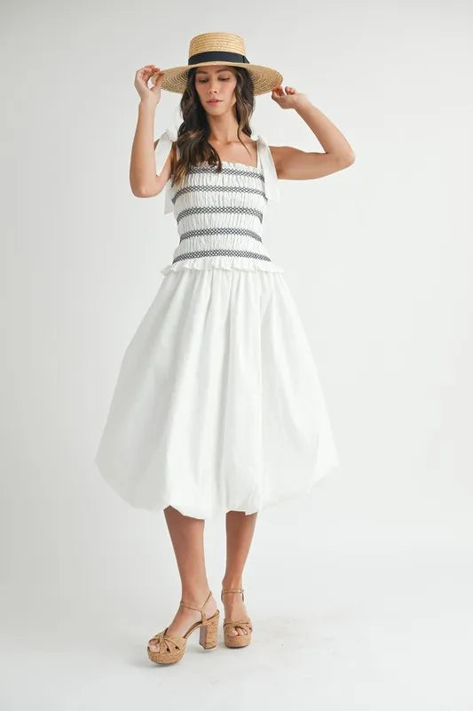 Image of MABLE Smocked Bodice Bubble Midi Dress | Queeble.shop