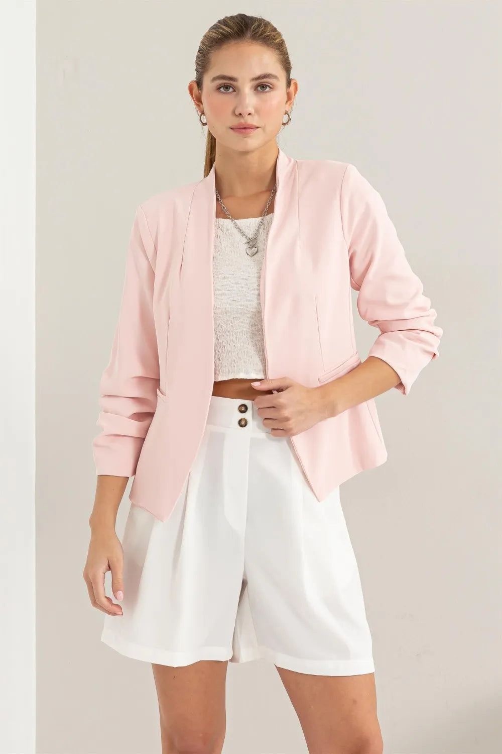 Image of HYFVE Open Front Ruched Sleeve Blazer | Queeble.shop