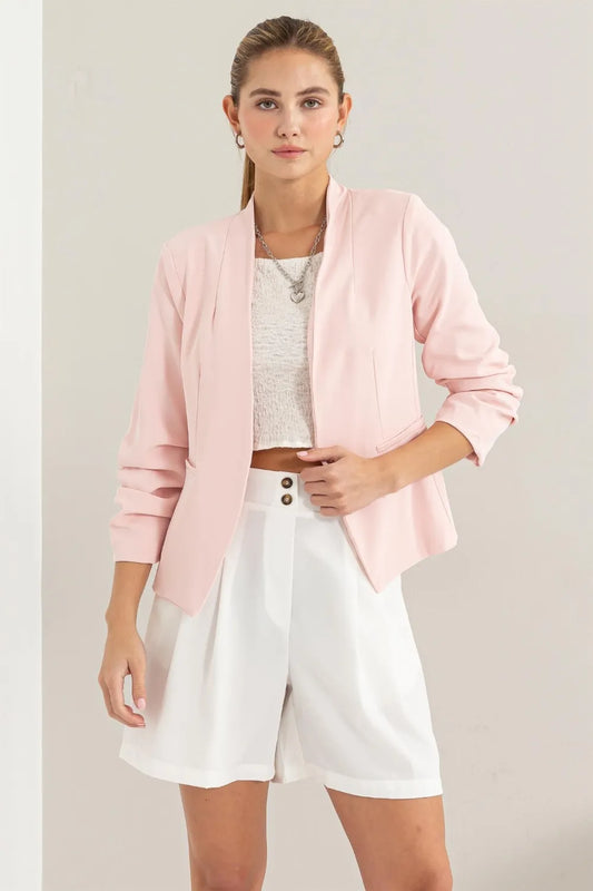Image of HYFVE Open Front Ruched Sleeve Blazer | Queeble.shop