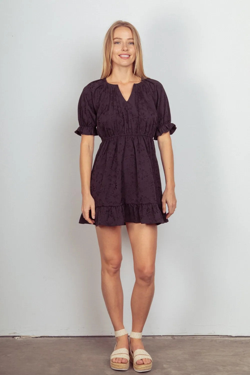 Image of VERY J Floral Textured Woven Ruffled Mini Dress | Queeble.shop