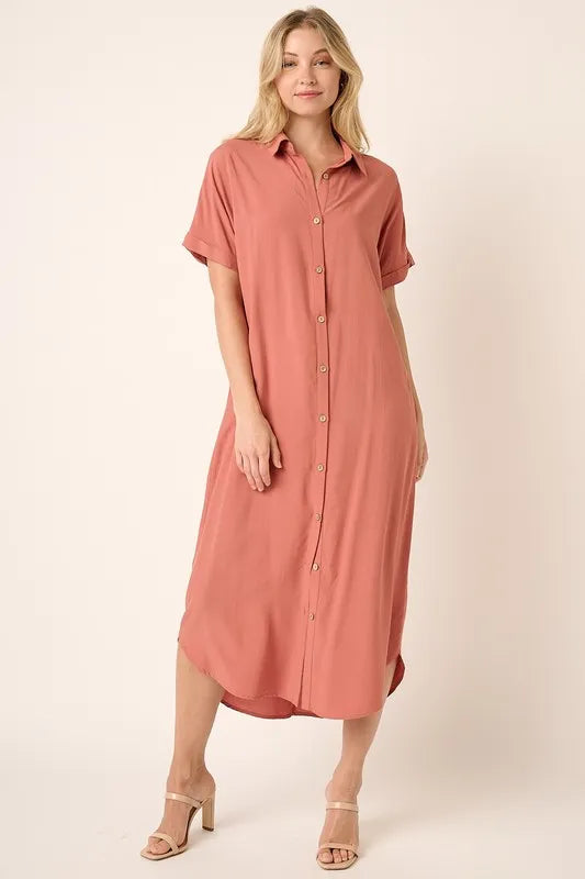 Image of Mittoshop Collared Neck Dolman Short Sleeve Midi Shirt Dress | Queeble.shop