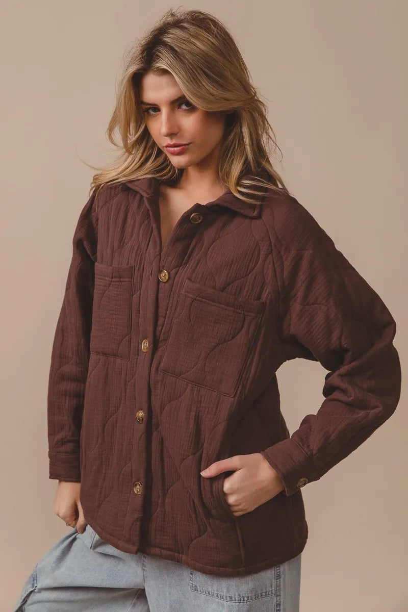 Image of BiBi Quilted Wrinkle Gauze Long Sleeve Shacket | Queeble.shop