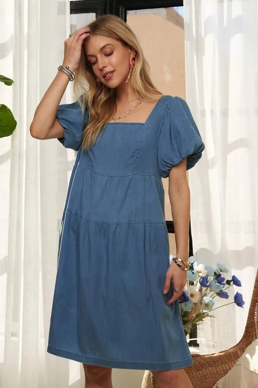 Image of ADORA Square Neck Puff Sleeve Denim Dress | Queeble.shop
