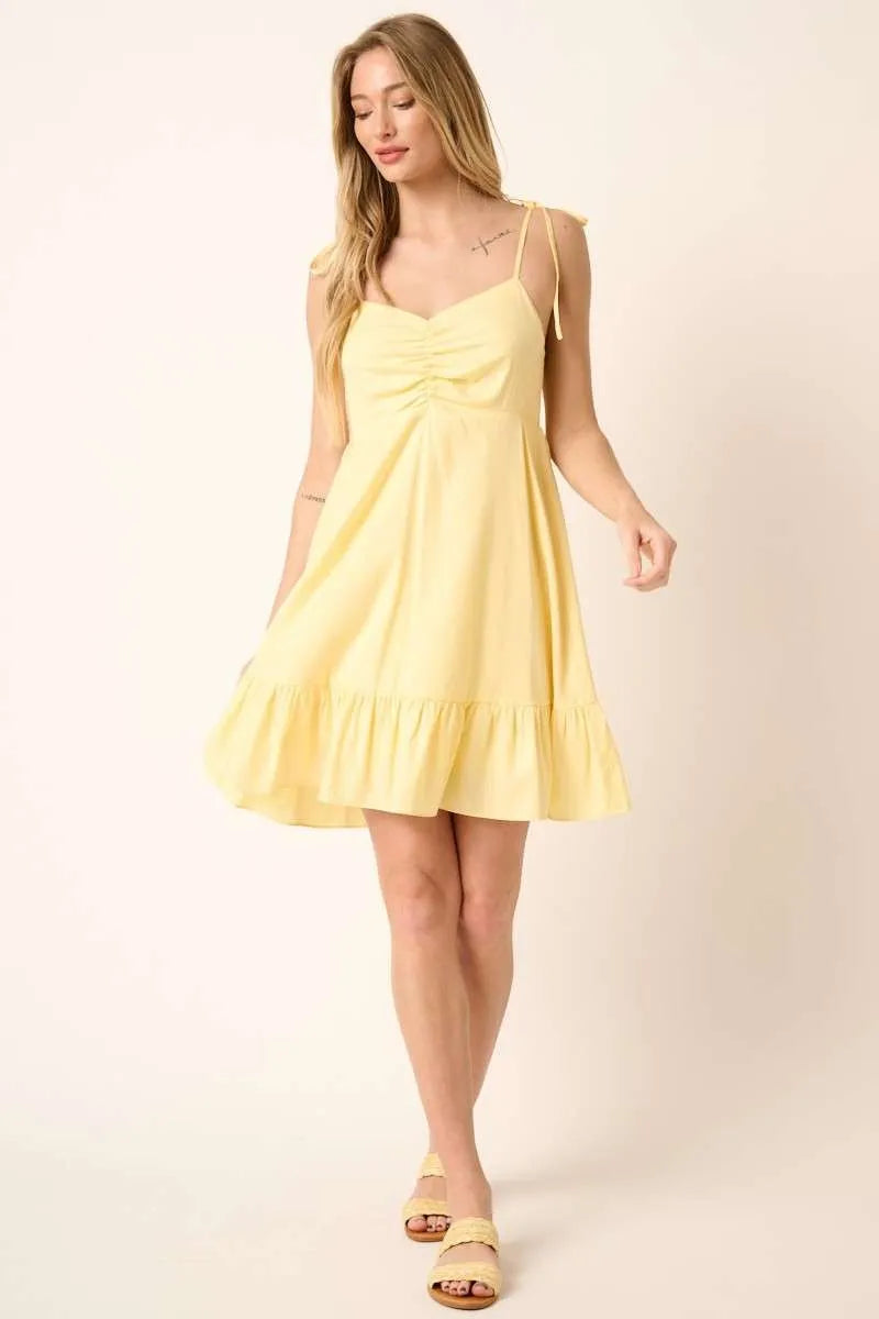 Image of Mittoshop Ruched Detail Spaghetti Tie Mini Dress | Queeble.shop